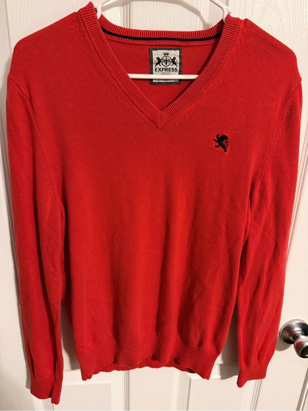 Express Men's Bright Red V-Neck Sweater with Navy Logo